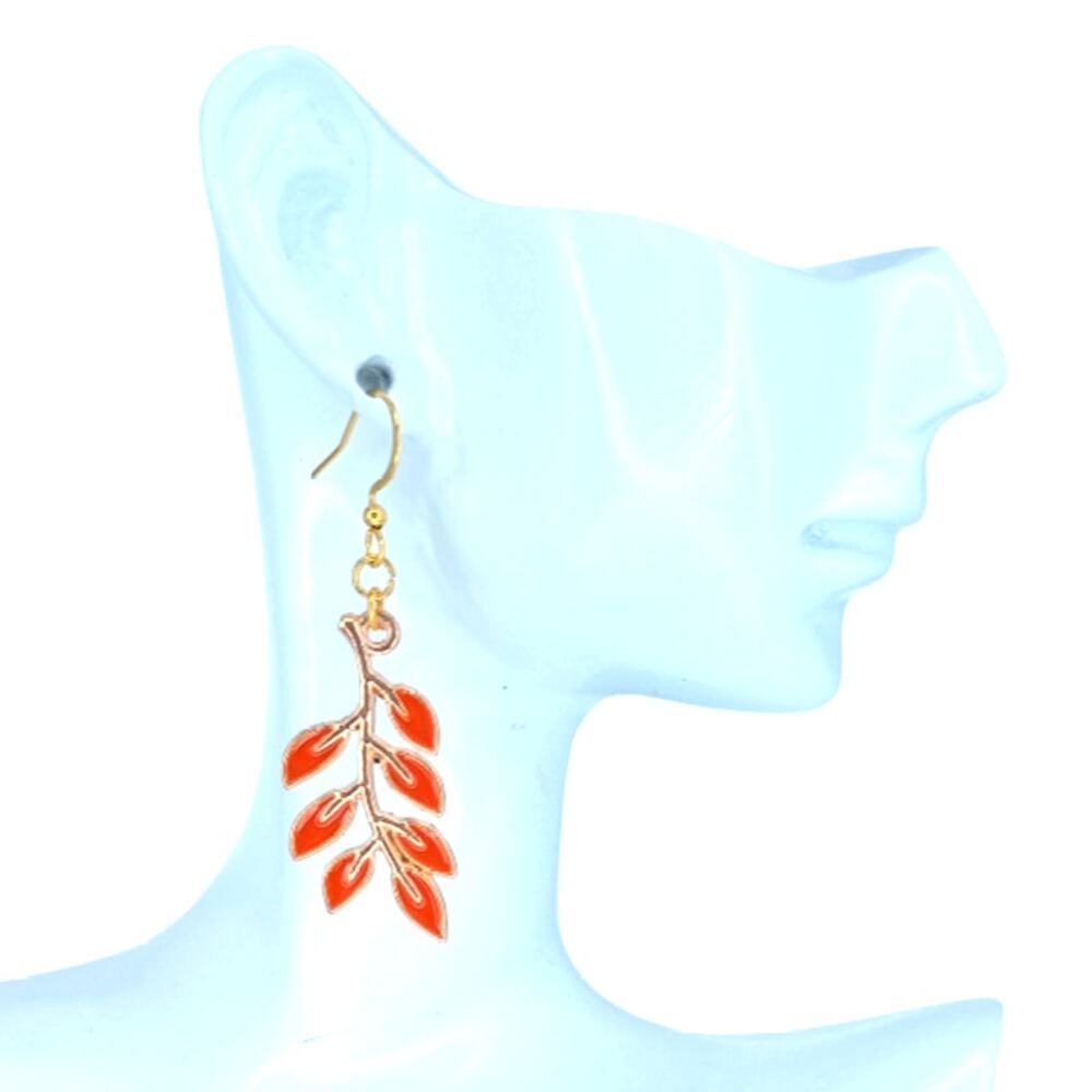 Orange leaf branch dangle earrings — fall autumn jewelry - Picture 2 of 4